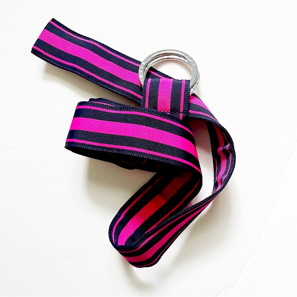 Lauren Ralph Lauren Navy Blue Pink Ribbon fabric Belt Preppy Chic D-Ring